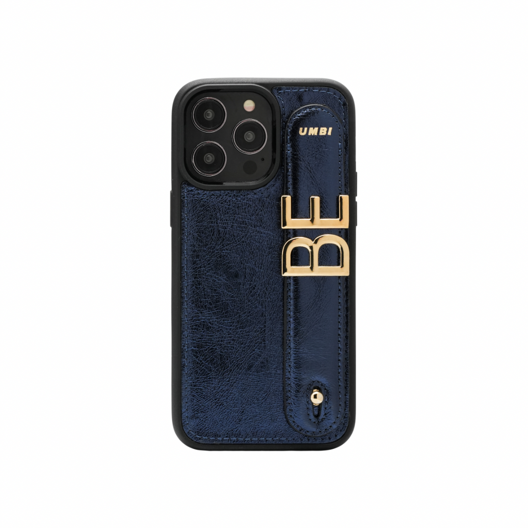 GLAM. Funda personalizada de cuero para iPhone -Azul Marino/Dorado