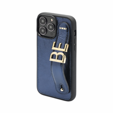 Cargar imagen en el visor de la galería, GLAM. Funda personalizada de cuero para iPhone -Azul Marino/Dorado
